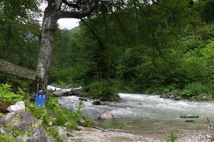 Фото 5. Верхний брод р.Хипсты  после ливня, Установлена мерная палочка уровня воды в Хипсте.