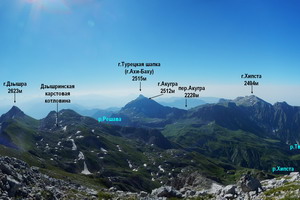 Фото 54. Вид с вершины Трон 2676м на Бзыбский хребет  в Ю-В направлении.