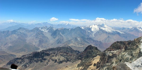 At the top of Marmolejo. View to the north. The Aconcagua and the Tupungato 